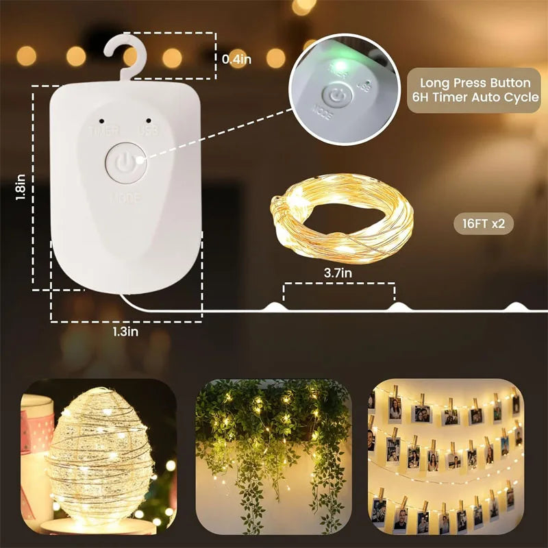 LED String Lights Rechargeable Fairy Lights Mini Twinkle Copper Light Timer Detachable Design Halloween Wedding Christmas Decor