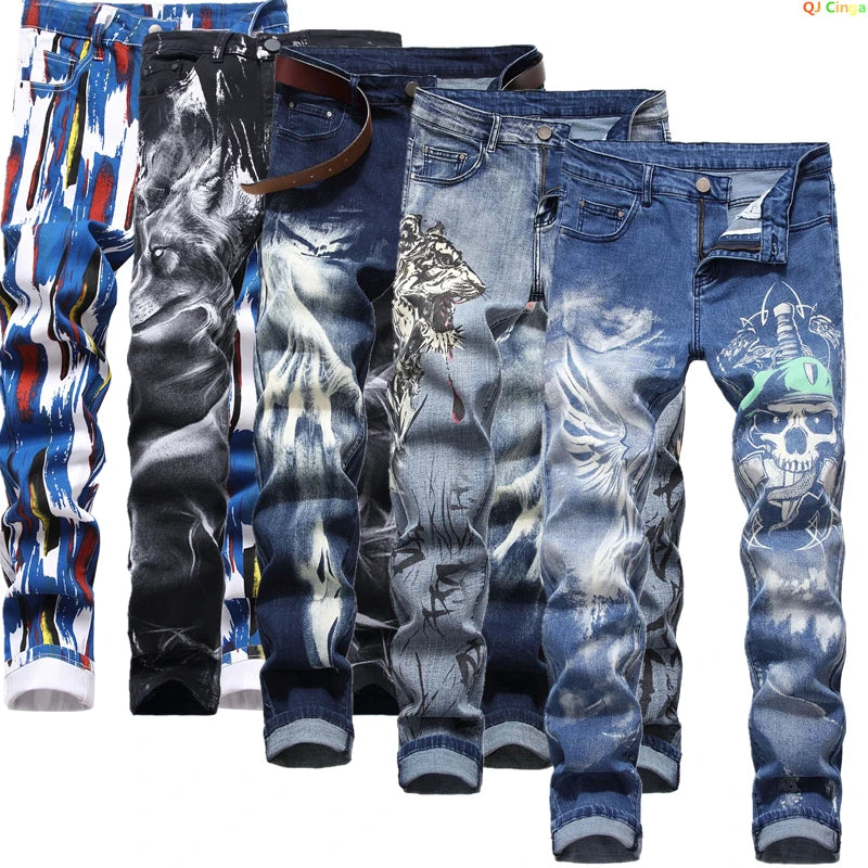 2026 Men's Blue Jeans 3D Digital Print Stretch Denim Pants Blue Black White Trousers Men Fashion Slacks 28-34 36 38 40 42