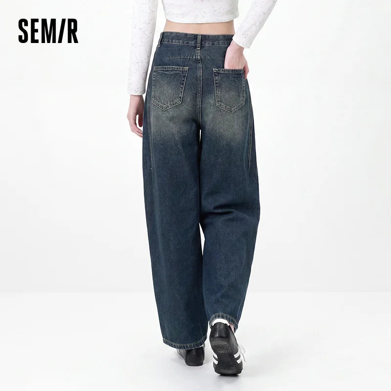 Semir Women Jeans Washed Curved Barrel Loose Draping Wide Leg 2026 Autumn Retro Street Style Denim Bottoms Daily Wear