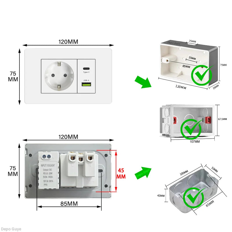 EU Korea Standard 4*2 Wall Light Switch Socket,USB Type-c 20W Fast Charger plug,1/2/3/4/Gang 2 Way Switch PC Panel Power ON OFF