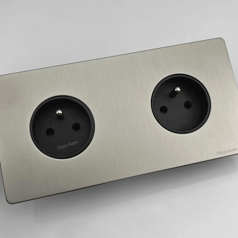 172 Type Retro Double EU French Metal Wall Power Socket Panel,Black/White Brushed Stainless Steel Antique Outlet Brass For Home