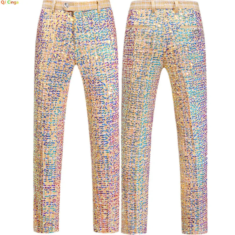 2026 New Men's Gold Shiny Sequin Suit Pants, Wedding Party Dress Trousers,Fashion Slim Pant,Asian Sizes M-5XL,6XL