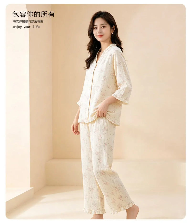 Floral Sleepwear 100% Cotton Women's Pajamas 2 Piece Sets V-neck Button Down Trousers Lounge Wear Spring Autumn Soft Nightwear