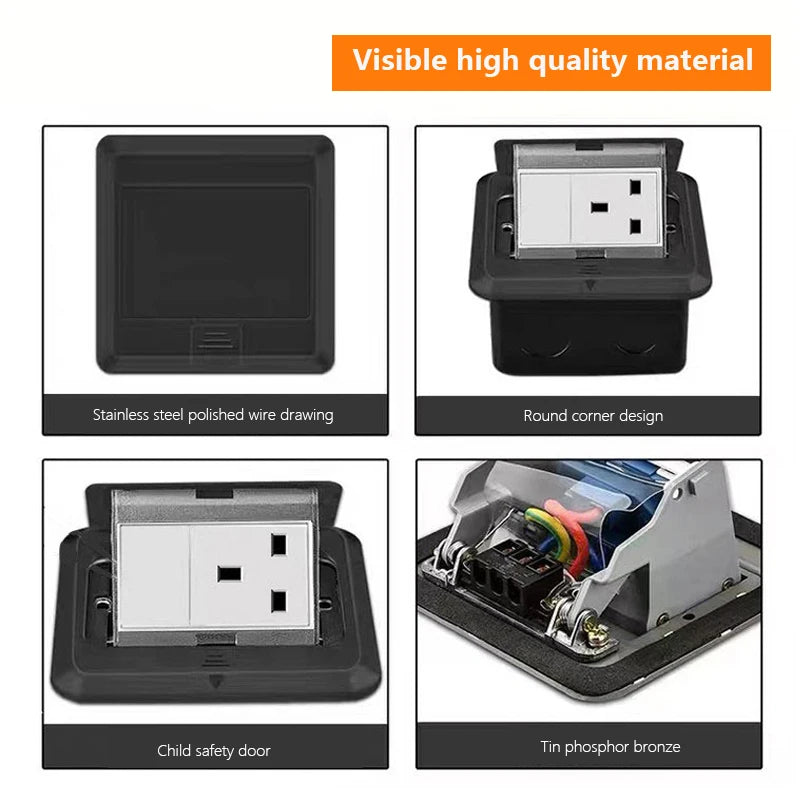 UK Standard 13A floor waterproof socket,British Kitchen Bedroom indoor Waterproof outlet hidden computer Stainless Steel plug