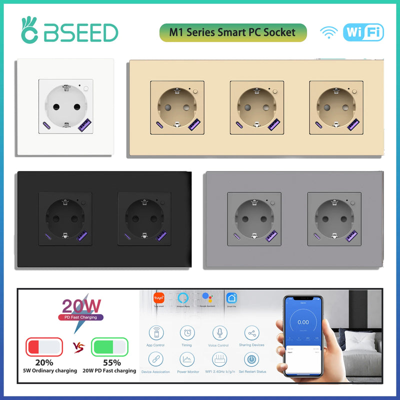 BSEED WIFI Smart Socket With 20W Fast Charge Port Plastic Frame Smart Wall Socket USB Type-C Port Tuya Smart Life Control