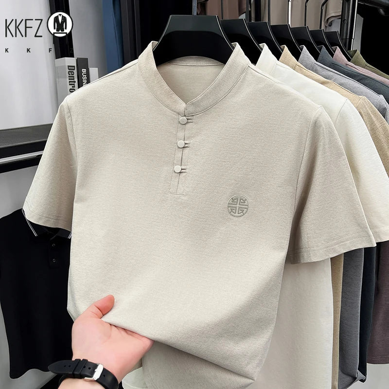 Men Mandarin Collar Short Sleeve T Shirt Casual Chinese Style Frog Button Top With Embroidery Breathable Summer Tee
