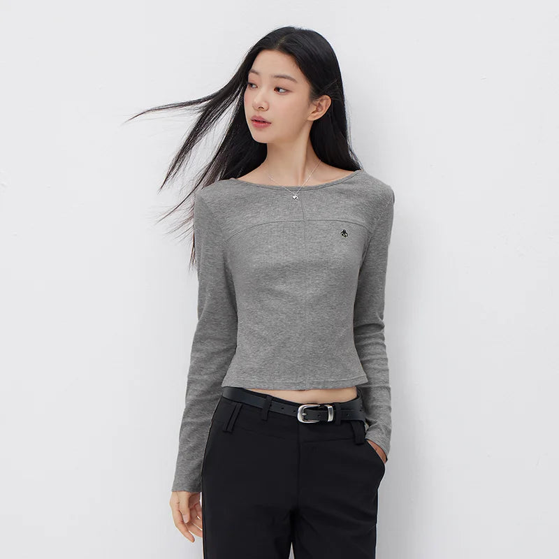 Semir Stylish Tshirt Women 2026 Spring Short Boat Neck Slim Fit Embroidered Inner Layer Unique Design Versatile Top