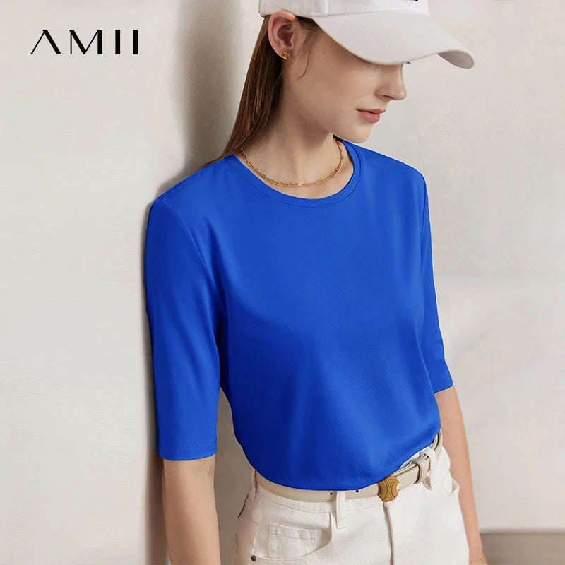 អាវយឺត Amii កប្បាសសម្រាប់នារី រដូវក្តៅ ឆ្នាំ២០២៦ ថ្មី កមូល ពណ៌រឹង ដៃមធ្យម អាវធំ សម្រាប់ការិយាល័យ អាវយឺតលាតធម្មតា 12622148