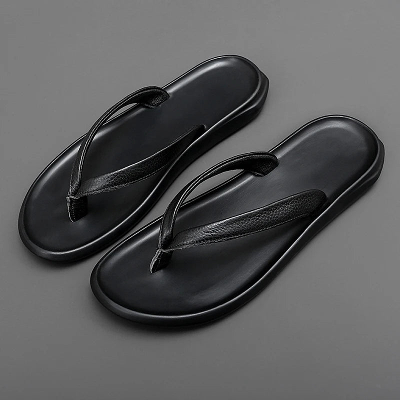 Summer Mens Luxury Genuine Leather Flip Flops Slippers For Men High Quality Flat Slippers Minimalist Size 38-44 Dropshipping