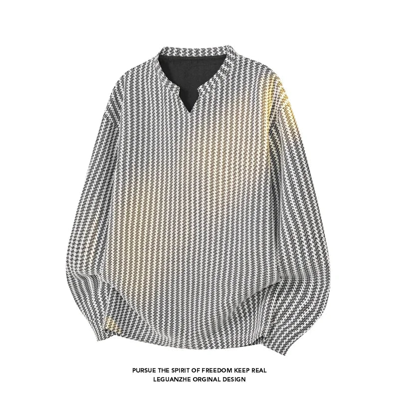 Male Relaxed Oversized V Notch Long Sleeve Top Houndstooth Knit Pattern Lightweight Fabric For Holiday Daily Styling