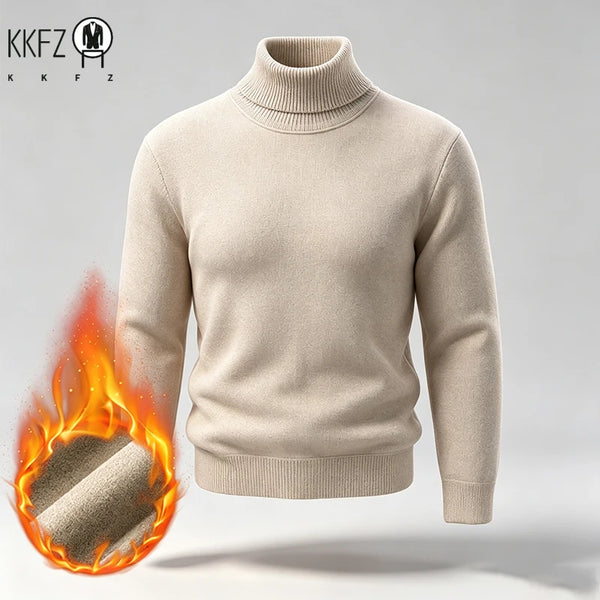 Men Fleece Lined Turtleneck Knit Sweater Ribbed Cuff Thermal Pullover For Winter Urban Daily Commute And Street Casual Outfits