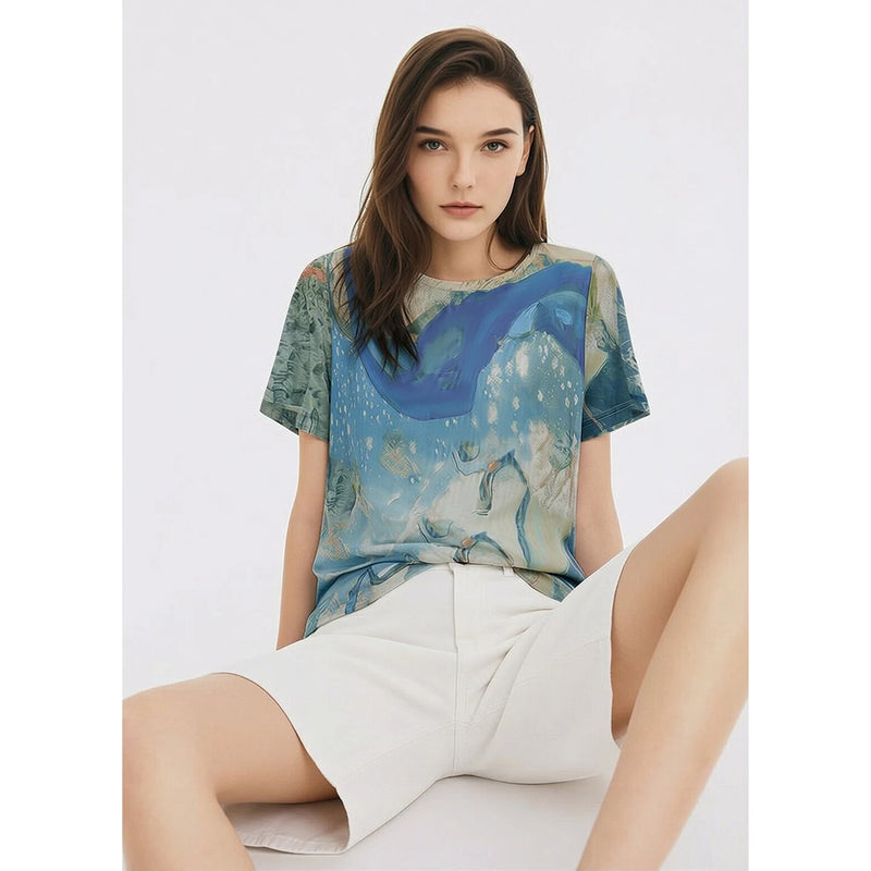 Amii Women's Tee Shirt 2026 Summer New Round Neck Short Sleeve Digital Print Mesh Tee Loose Fit Casual Top For Women 12622183