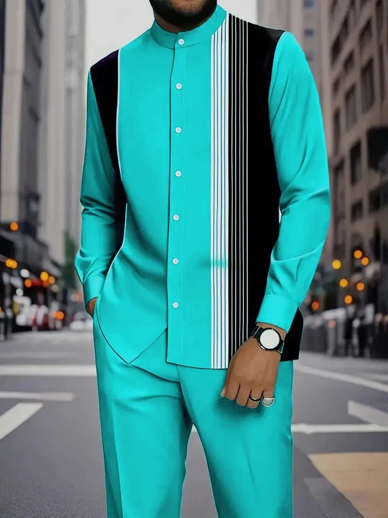 Men's Two-piece Set for Spring/Fall: An Ethnic-style Long-sleeve Shirt Paired with Pants, Red, Blue, Green, Gray, Black, Purple.