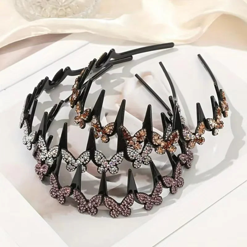 Rhinestone Butterfly Wavy Headband Fashion Sparkling Korean Style Anti-slip Toothed Headband Face Washing Hair Accessories Women