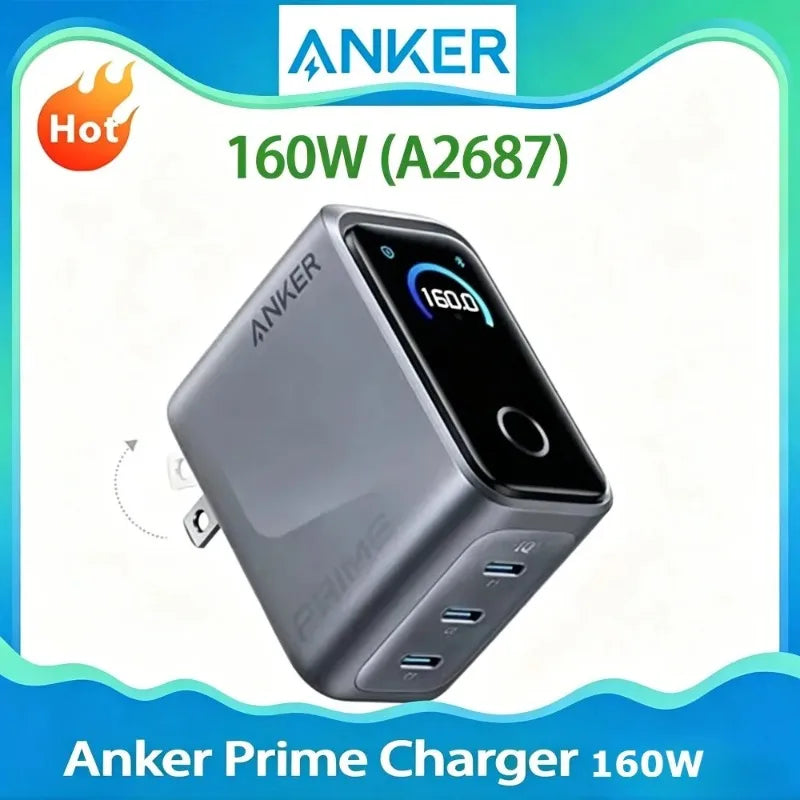 ឆ្នាំងសាក Anker Prime A2687 160W 3-Port GaN USB-C Fast Charger ប្លុកសាកថ្មលឿន Smart Touch Display អតិបរមា 140W សម្រាប់កុំព្យូទ័រយួរដៃ iPhone Samsung