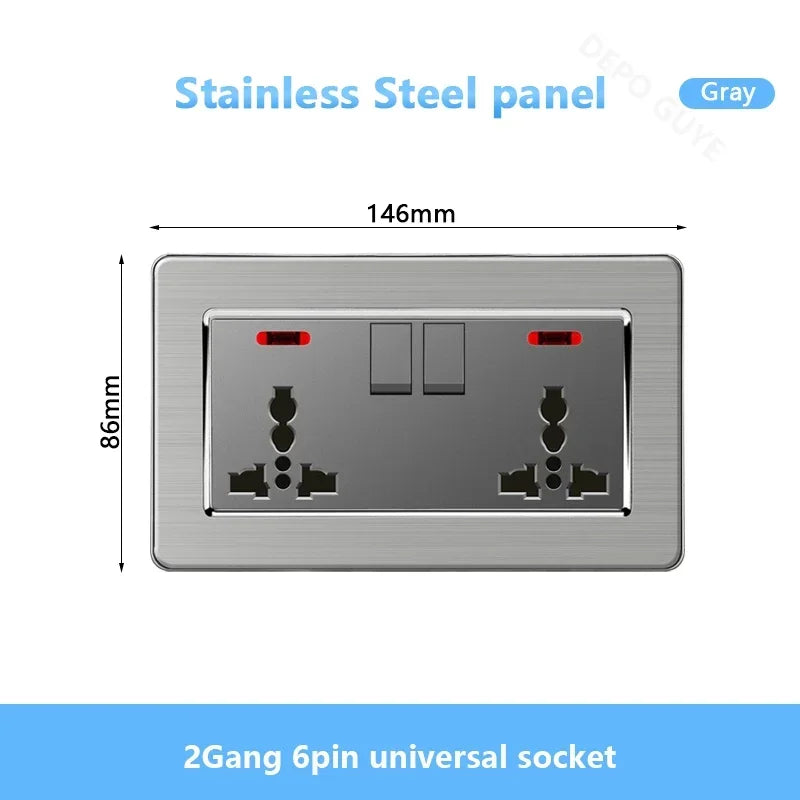 Universal Wall Light Switch Brushed Stainless steel Panel,UK Type-c 18W Quick Charging Socket 220V Double USB Electrical Outlet