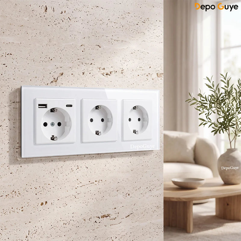 European Standard 4 Gang Wall Power Socket 16A Glass Panel with Three USB Type-C Ports White Black Industrial Home Hotel