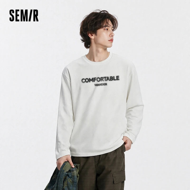 Semir Long Sleeve T-Shirt Men Autumn American Printed Base Layer 2025 New Versatile Slightly Loose White Inner Top Men'S Wear