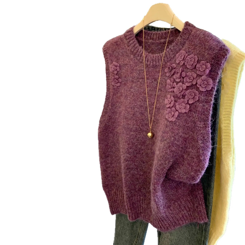 Three-dimensional Flower Knitted Vest Women's Autumn Winter Lazy Wind Soft Stacked Wearing Sweater Ladies Knit Sleeveless Top