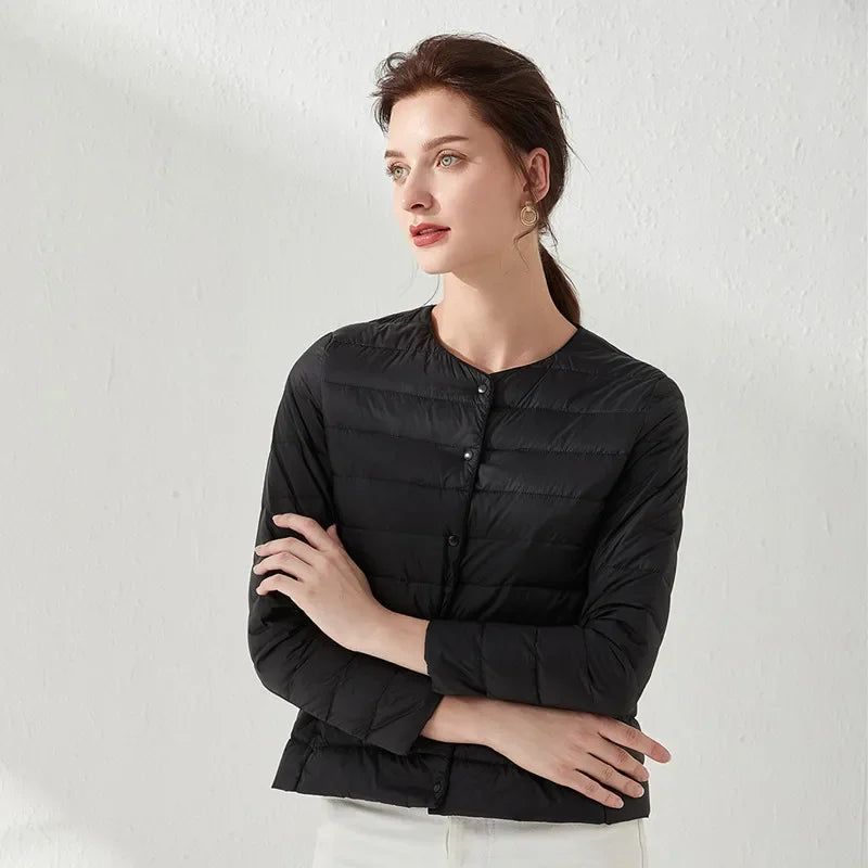 Winter Red Light/Thin Women's Round Neck Long Sleeve Jacket, White Blue Gray Khaki Available, Asian Size S-3XL Female Coat