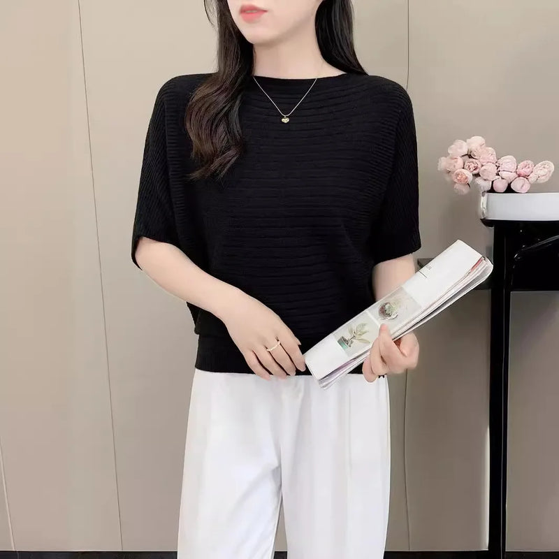 Female Jumper Korean Short Knitted Sweater One-word Collar Top Women's Five-quarter Sleeves Spring Autumn Pullover Shirt