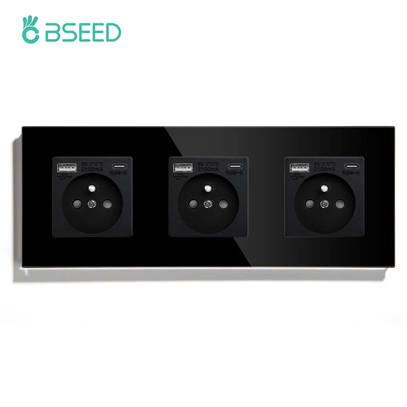 BSEED French Standard Single Wall Power Sockets Double France USB Type-C Port Outlet Crystal Glass Panel Children Protection 16A