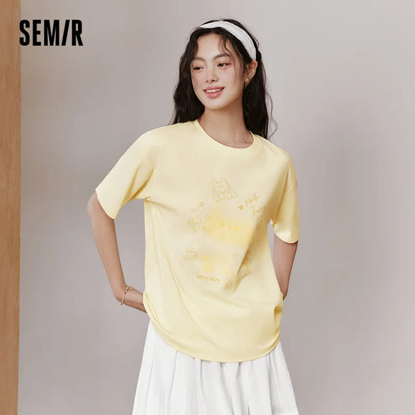 អាវយឺត Semir សម្រាប់នារី ប្រវែងមធ្យម រលុង បោះពុម្ពរូបតុក្កតា ដៃខ្លី រដូវក្តៅ ឆ្នាំ២០២៦ អាវយឺតទាន់សម័យ គួរឲ្យស្រលាញ់