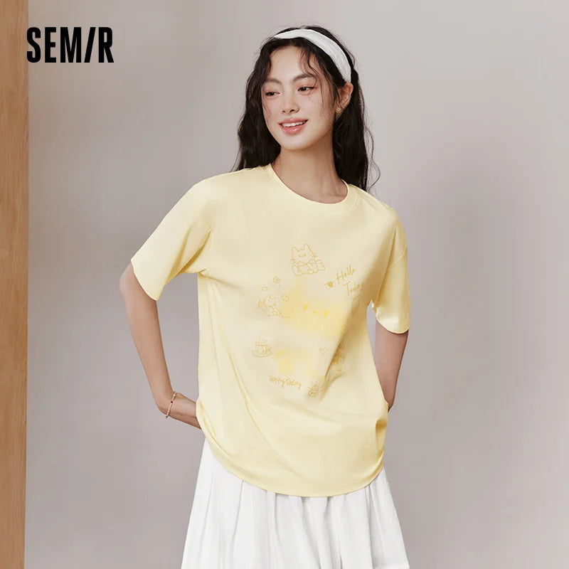 Semir Women Tshirt Mid Length Loose Cartoon Print Short Sleeve Summer 2026 Cute Casual Niche Style Fashion Top Tee