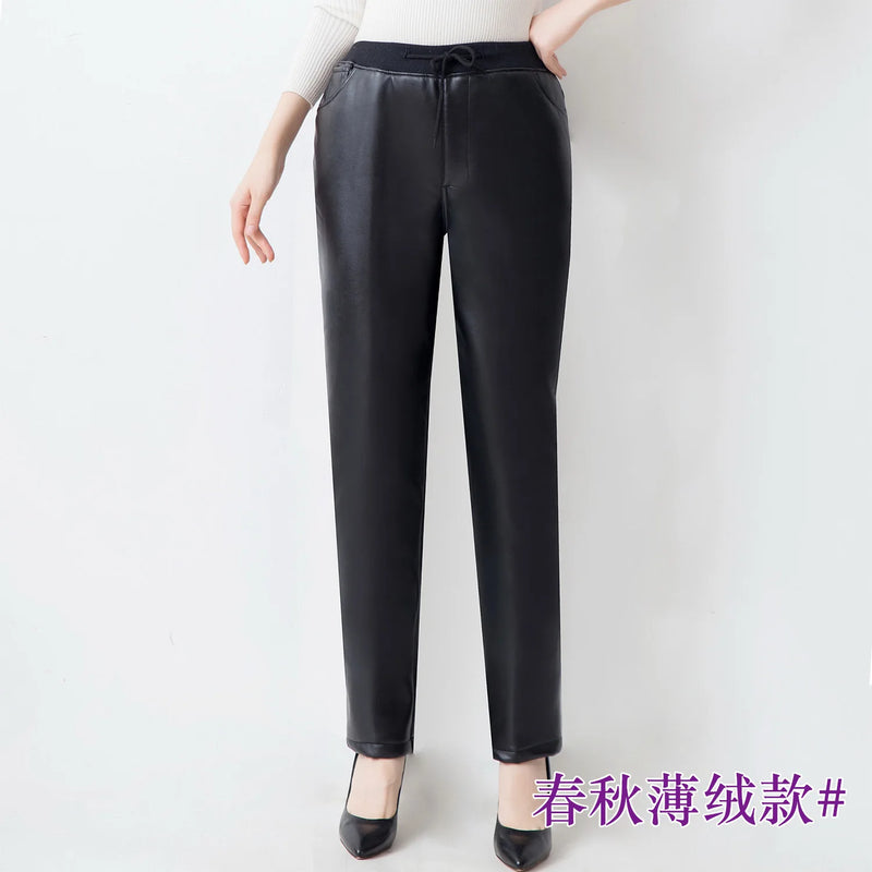 2026 Spring Women's Black PU Straight Pants, Fashion Casual Trousers Women, Asian Size Winter Padded Models Can Be Selected