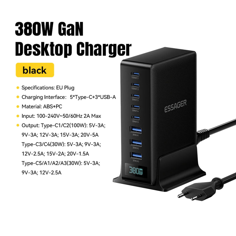 ឆ្នាំងសាក Essager 380W GaN 8 in 1 ជើងទ្រសាកថ្មលឿនសម្រាប់កុំព្យូទ័រយួរដៃលើតុ iPhone 17 16 15 Pro Max Macbook Air Xiaomi Samsung ថេប្លេត