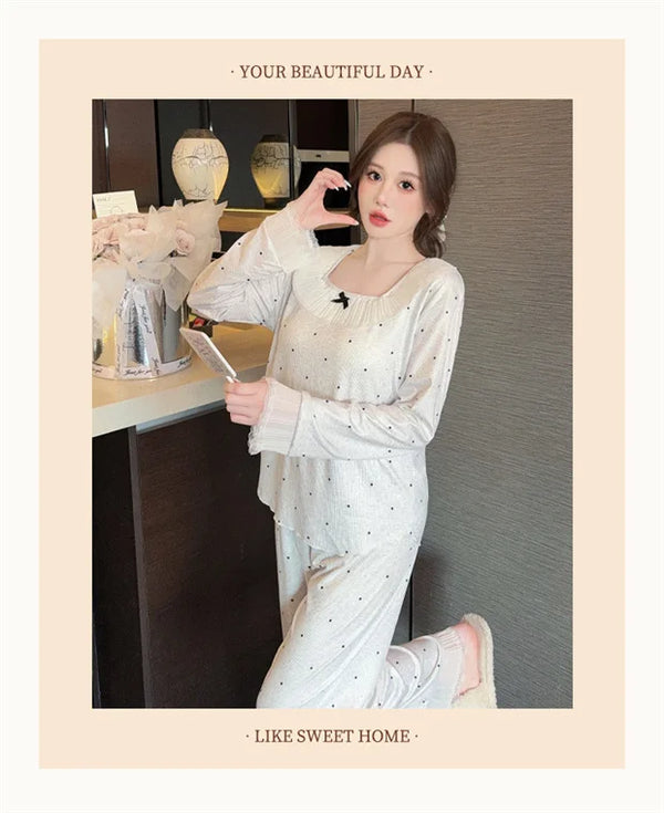 ឈុតគេងដៃវែងសម្រាប់នារី កូរ៉េ រដូវស្លឹកឈើជ្រុះ រដូវរងា គេងពេលយប់ សម្លៀកបំពាក់នៅផ្ទះ រ៉ូបគេង រ៉ូបគេងសម្រាប់នារី