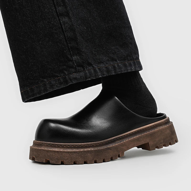 Men's Classic Mules Casual Slip-On Shoes Four Seasons Soft Sole Anti-Slip Breathable Outdoor Walking Leather Shoes Semi Slippers