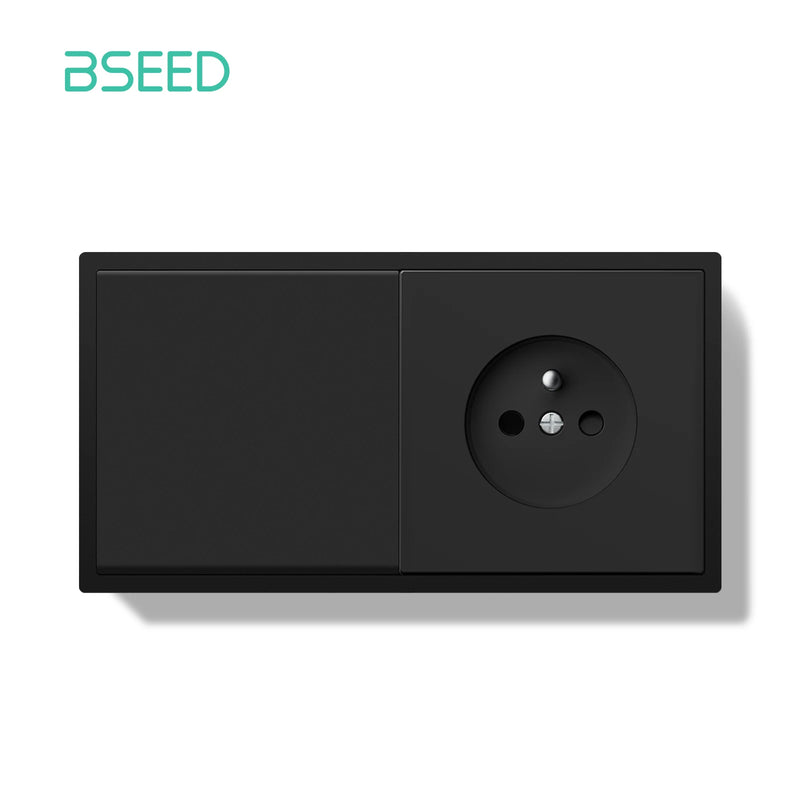 BSEED Mechanical Button Switch 1/2Gang 1Way With Wall French Socket Wall Light Switch Plastic Frame Switch On Off Black Color