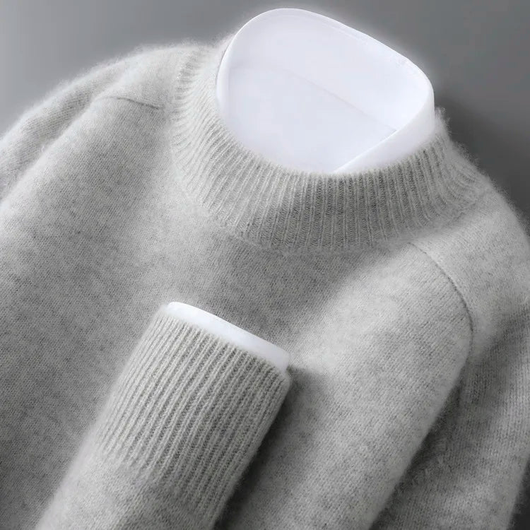 100% Australian Wool Men's New Half Turtleneck Sweater, Flat Seven-Needle Thickened Saddle Shoulder Half High Pullover
