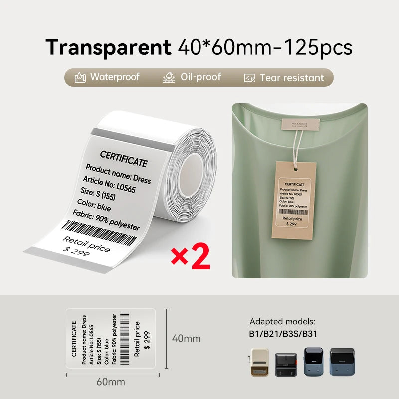 2 Rolls NIIMBOT B1 B21 B3S Thermal Label Clothing Price Food Self-adhesive Tag Waterproof Office Pocket Printer Label Paper
