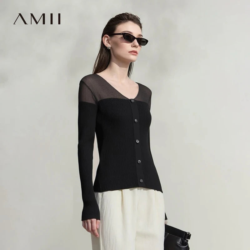 អាវប៉ាក់សម្រាប់នារី Amii ឆ្នាំ២០២៦ រដូវស្លឹកឈើជ្រុះថ្មី ក V សំណាញ់ស្តើង រចនាបថ Organza ស្តើង អាវយឺតដៃវែង 12621103
