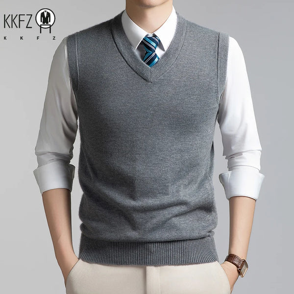 V Neck Sleeveless Wool Knit Vest For Men Soft Handfeel Knitwear Business Formal Sweater Tank Top Autumn Layering Clothes