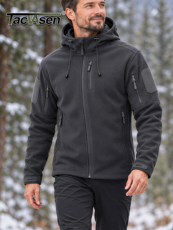 TACVASEN Men's Winter Tactical Full-Zip Fleece Hooded Jacket Windproof Coat with 6 Zipper Pockets for Outdoor Hiking And Fishing