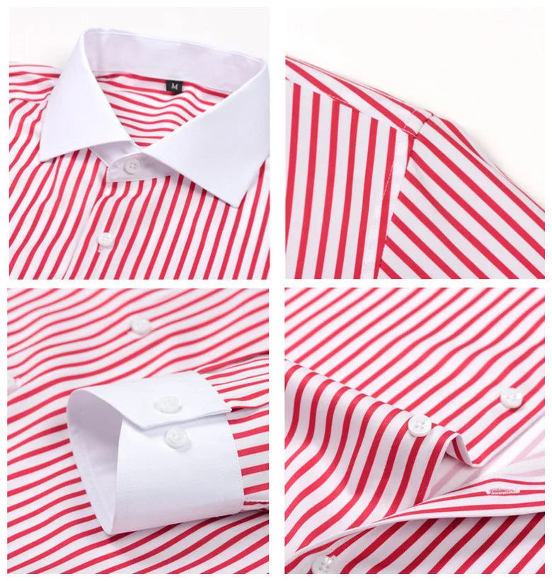 Men's Long-sleeve Stretch Shirt with Black-White Stripes; Suitable for Weddings/Parties/Business/Casual Wear; Red, Blue, Yellow.