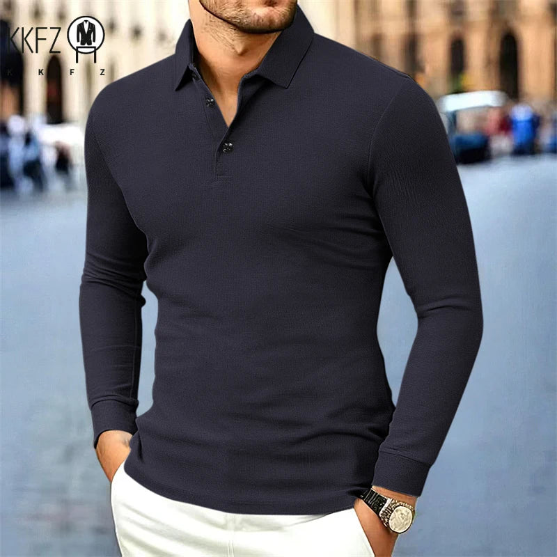 Men's Business Casual Long Sleeved Shirt Solid Color Fashionable Breathable Comfortable Versatile Polo Top