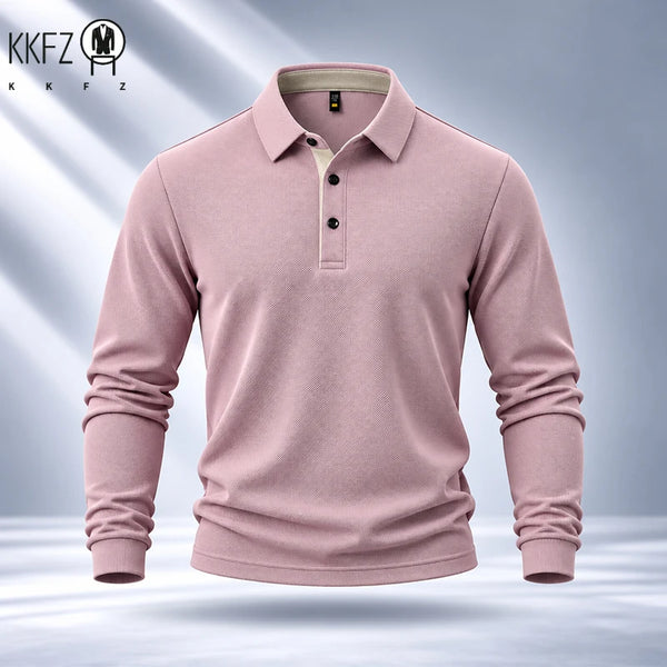 Premium Fabric Mens Polo Long Sleeve Shirt Fine Workmanship Turn Down Collar Top For Weekend Outdoor Scenes