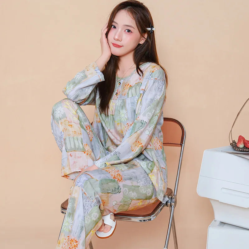 2 Pieces Set for Woman Pajamas Spring Autumn Long Sleeve Pyjama Set Floral Sleepwear Women's Night Wear Pijama Loungewear Set
