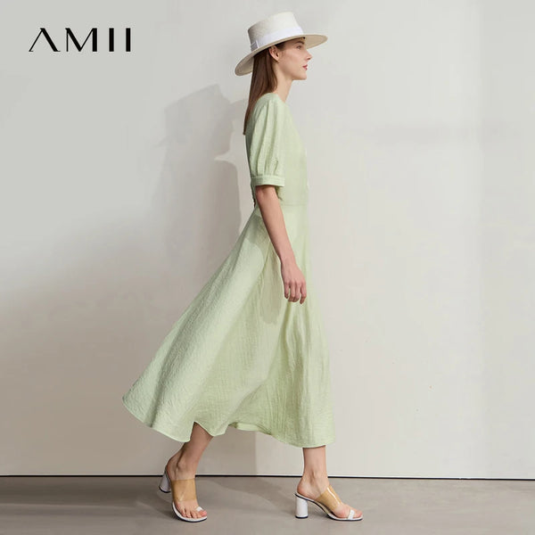 រ៉ូប AMII Minimalist ឆ្នាំ ២០២៥ រដូវក្តៅ មុខរបរ ការិយាល័យ ស្ត្រី ទីក្រុង ចង្កេះអក្សរសាស្ត្រ ស្ត្រី ក V Alien Buckle Linen Midi Dress 12522091