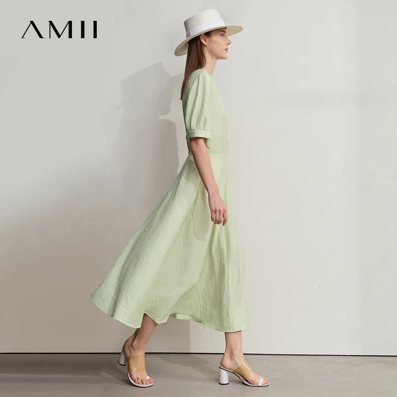 រ៉ូប AMII Minimalist ឆ្នាំ ២០២៥ រដូវក្តៅ មុខរបរ ការិយាល័យ ស្ត្រី ទីក្រុង ចង្កេះអក្សរសាស្ត្រ ស្ត្រី ក V Alien Buckle Linen Midi Dress 12522091