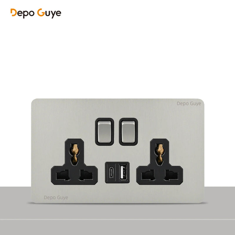 146 Type Retro Metal Panel UK 13A Wall Socket,Bronzed Stainless Steel Power Universal 3-pin Dual Power Socket With USB C charge