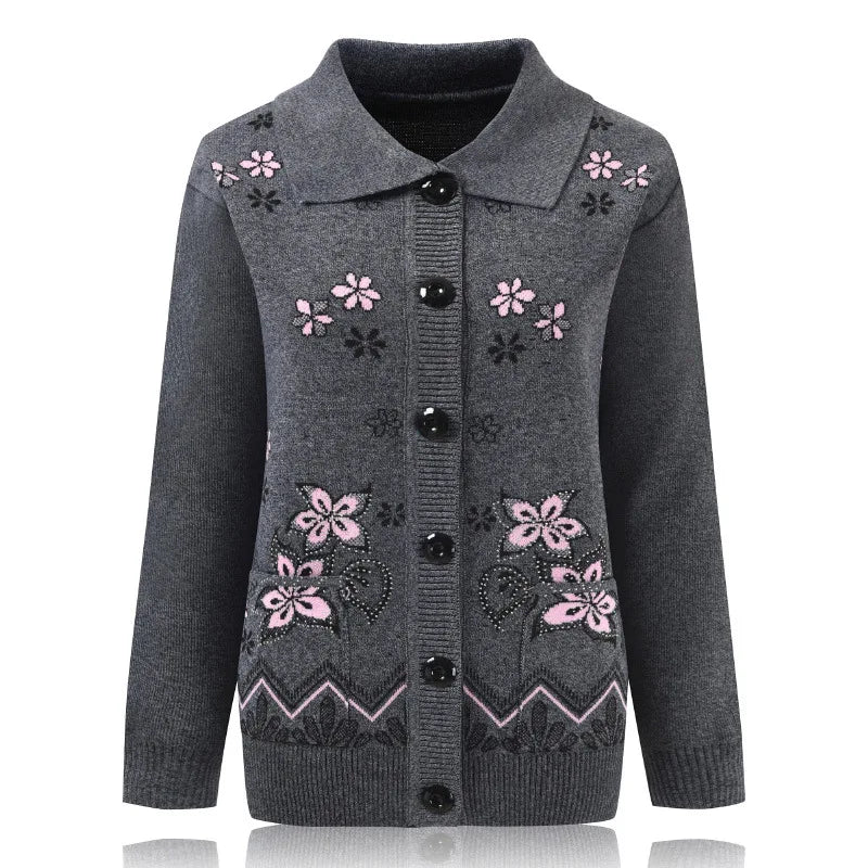 Print Mother Sweater Cardigan Top 60-80 Years Old Middle-Aged Elderly Women's Woolen Jacket Spring Autumn Knitted Shirt