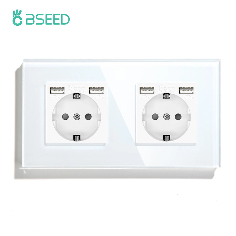 BSEED EU Wall Sockets Double Power Outlets White Black Double Frame USB Type-C Phone Charge Port Glass Panel Kids Protection 16A