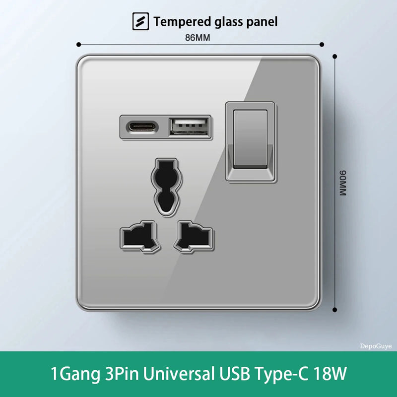 Deluxe Grey Tempered Glass Panel UK 13A Plug Electrical Socket, Double 5 Pin Socket and Switch, EU Universal USB C Wall Socket