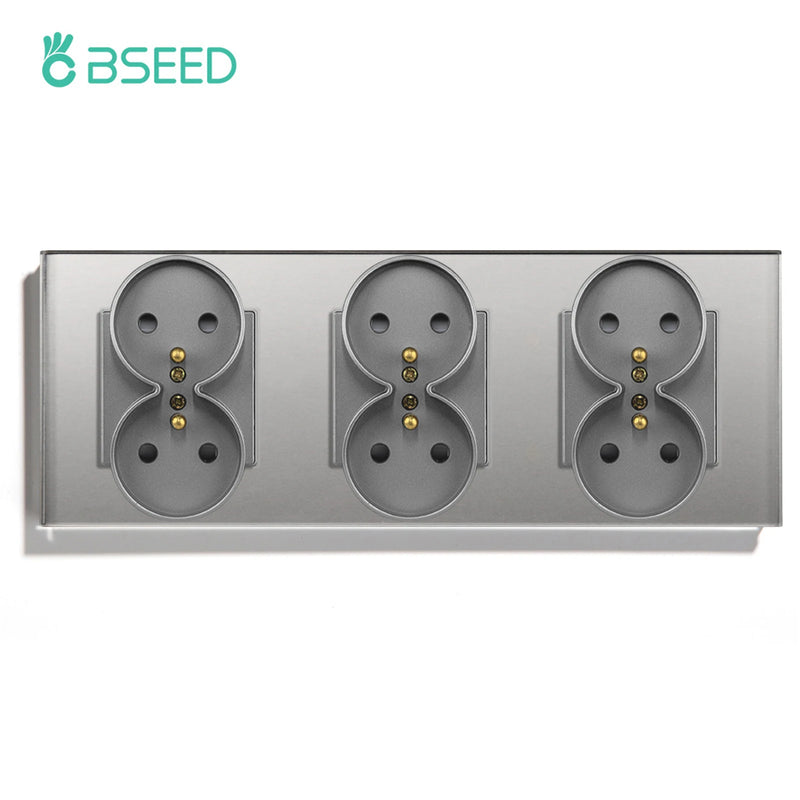 BSEED French Standard Single Wall Power Sockets Double Sockets Dual Electrical Outlets Glass Panel Children Protection 16A