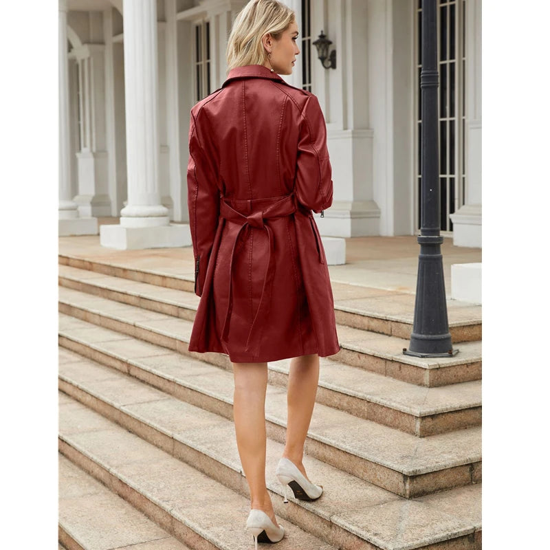 Women's Red Long Waist Lace-up Leather Jacket,2026 New Black Lapel PU Windbreaker Jacket Fashion Female Single-breasted Overcoat